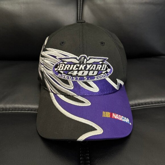 Vintage 2000 NASCAR Brickyard 400 Black/Purple Flame Strap Back Cap Hat - Picture 1 of 12